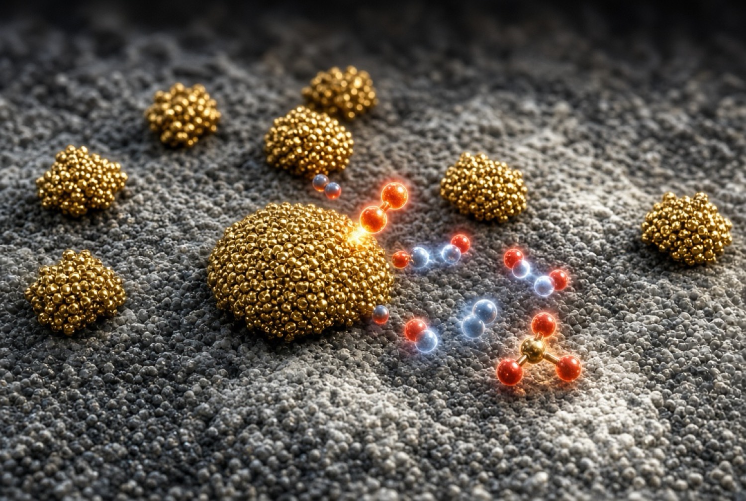 Gold nanoparticle clusters with glowing molecules on a gray surface.