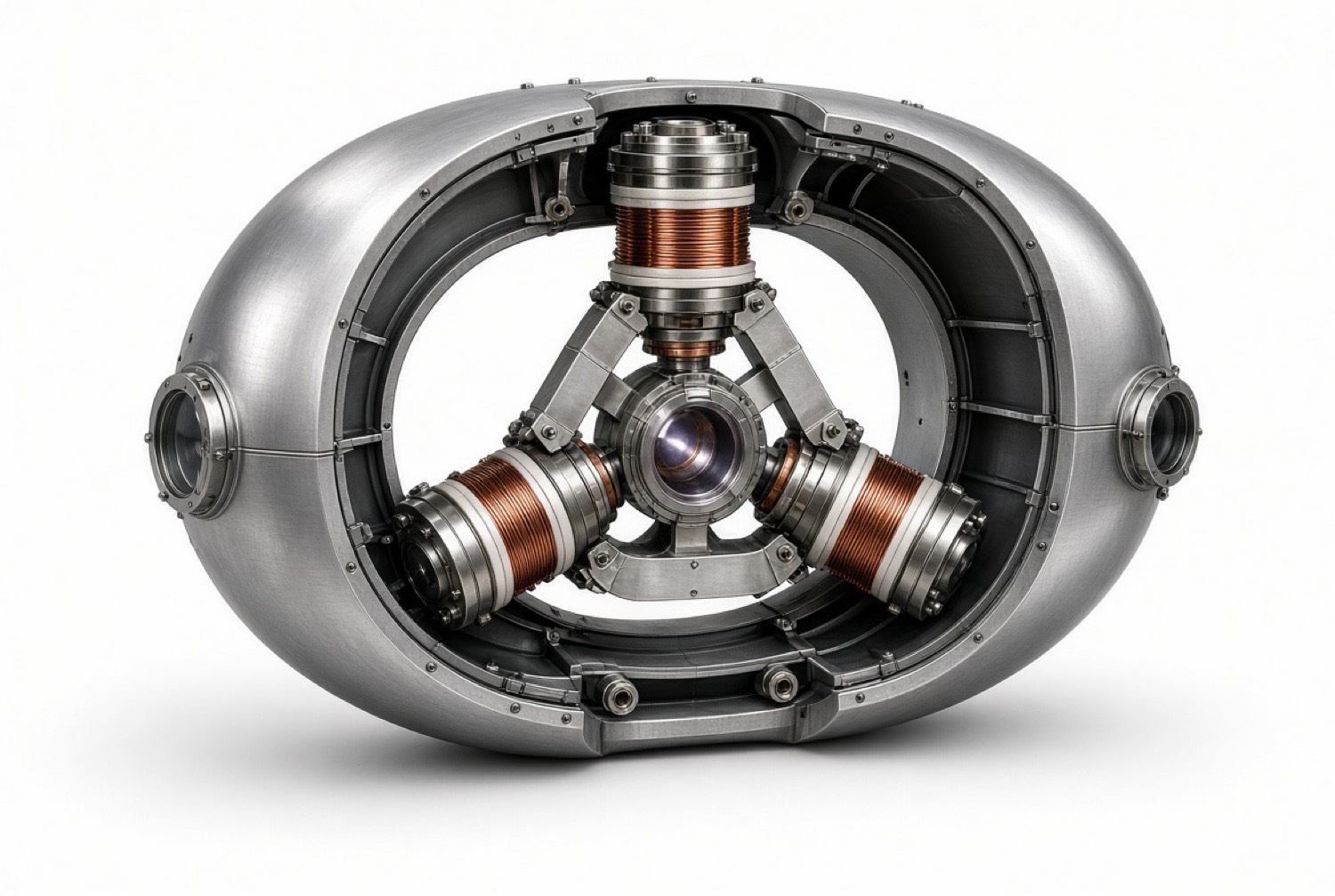 Split metal housing with three copper coils arranged around a central lens.