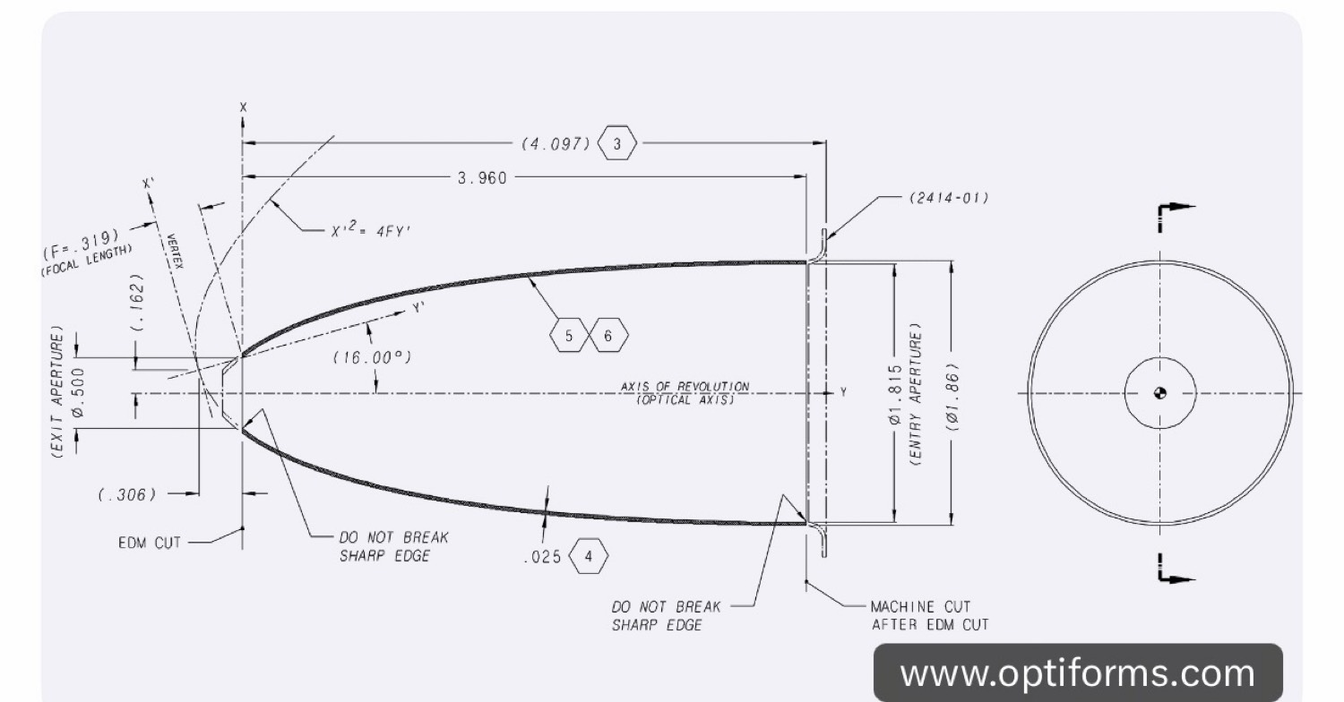 Dimensioned drawing of a compound parabolic reflector of revolution.