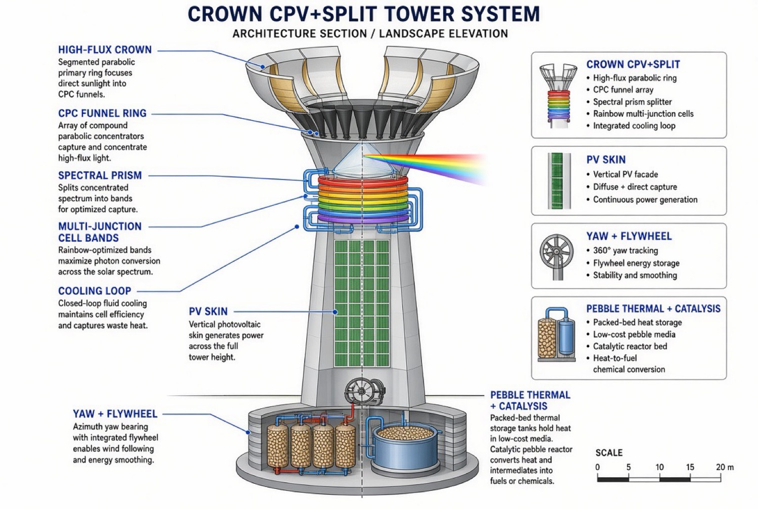Cutaway of the crown CPV and split tower: parabolic ring, CPC funnels, rainbow cell bands, cooling pipes, a vertical PV skin, a yaw flywheel, and pebble thermal tanks.