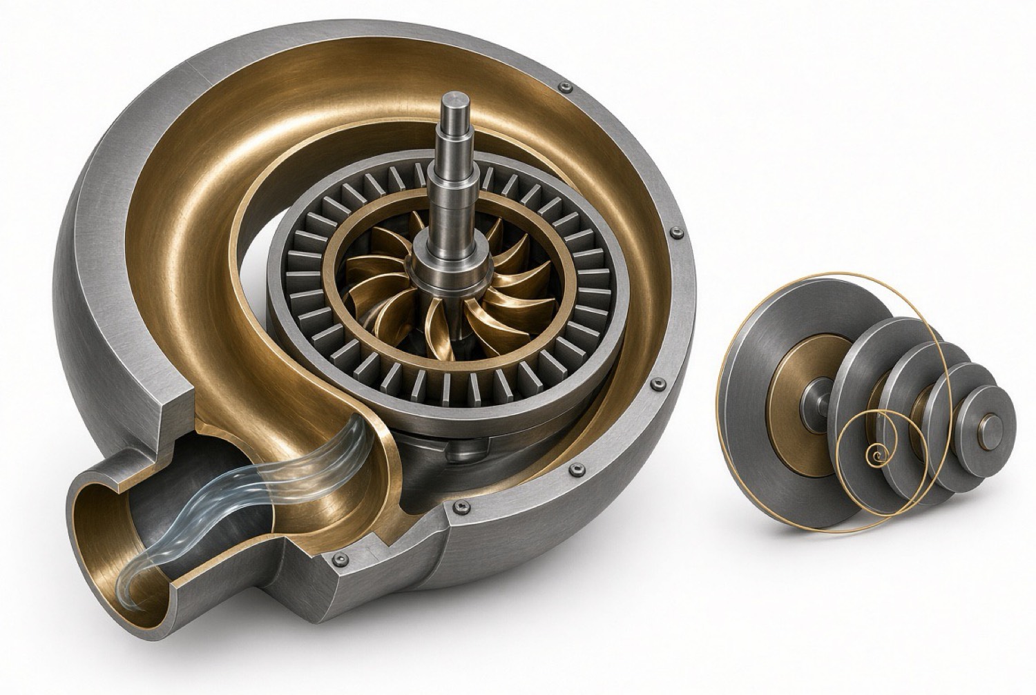 Cutaway radial turbine with a separate stacked rotor.