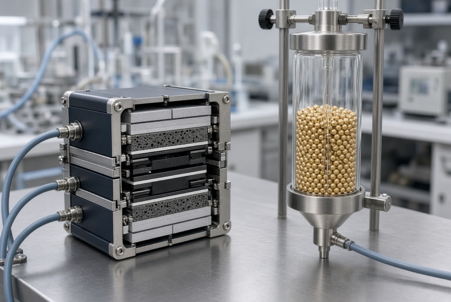Stacked plate coupon beside a glass column of gold beads on a laboratory bench.