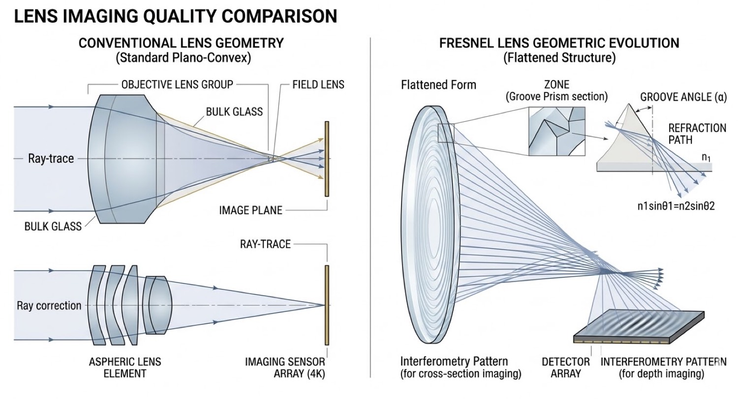 Comparison of a bulk plano-convex lens and a flattened Fresnel lens.
