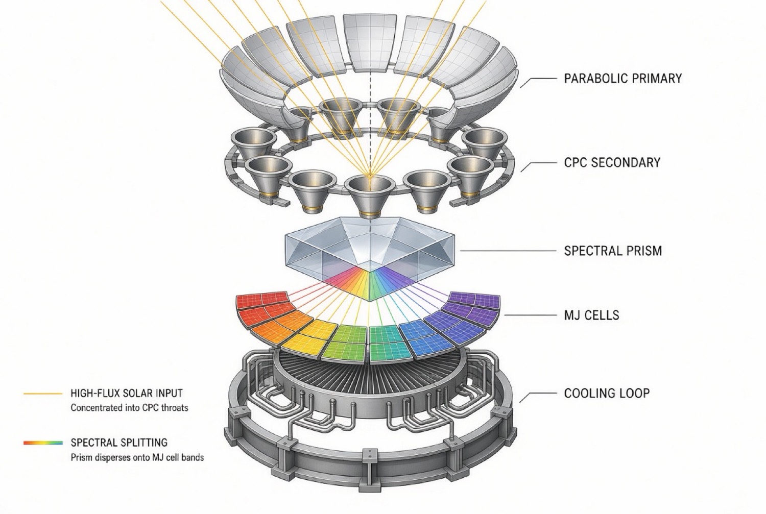 Exploded view of a parabolic primary ring, CPC secondary funnels, a spectral prism, rainbow multi-junction cells, and a cooling loop.