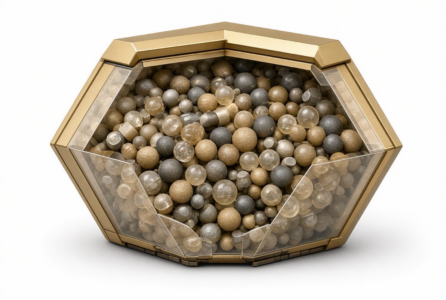 Glass-walled hexagonal canister filled with mixed metal and glass pebbles.