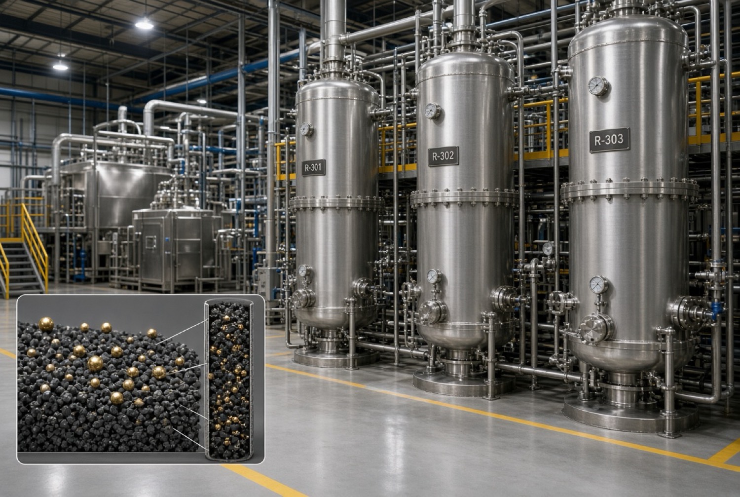 Row of stainless packed-bed reactors in an industrial hall.