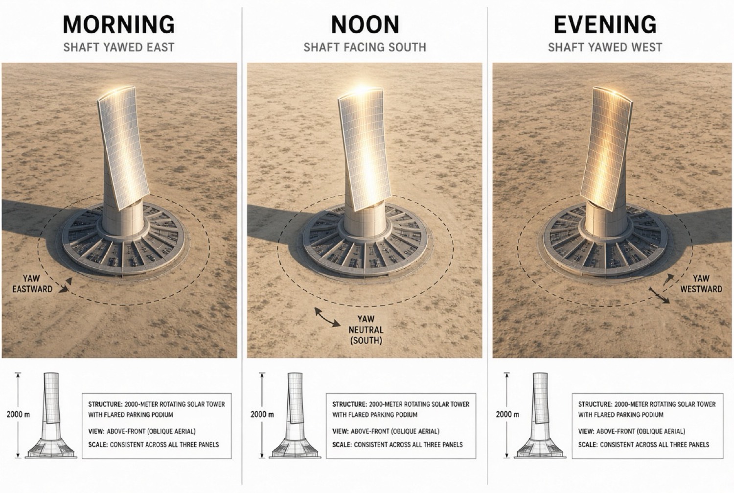 Three views of a tall solar tower in a desert: morning with the shaft yawed east, noon facing south, evening yawed west, each with a flared podium.