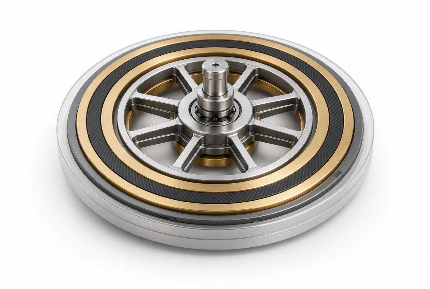 Machined circular bearing with a steel spoked hub, brass races, and a carbon-fiber hoop.